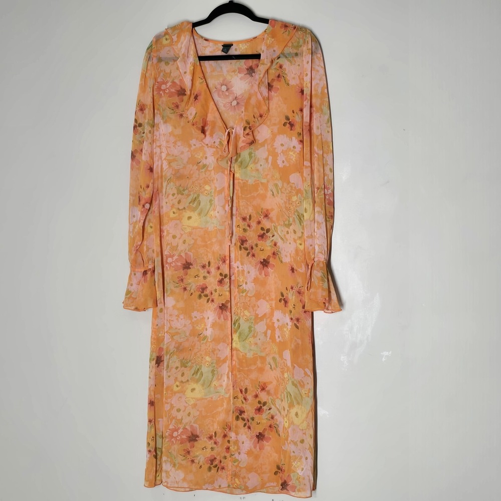 Wild Fable M Orange Floral Midi Dress Sheer Ruffle Bell Sleeve 70s Boho